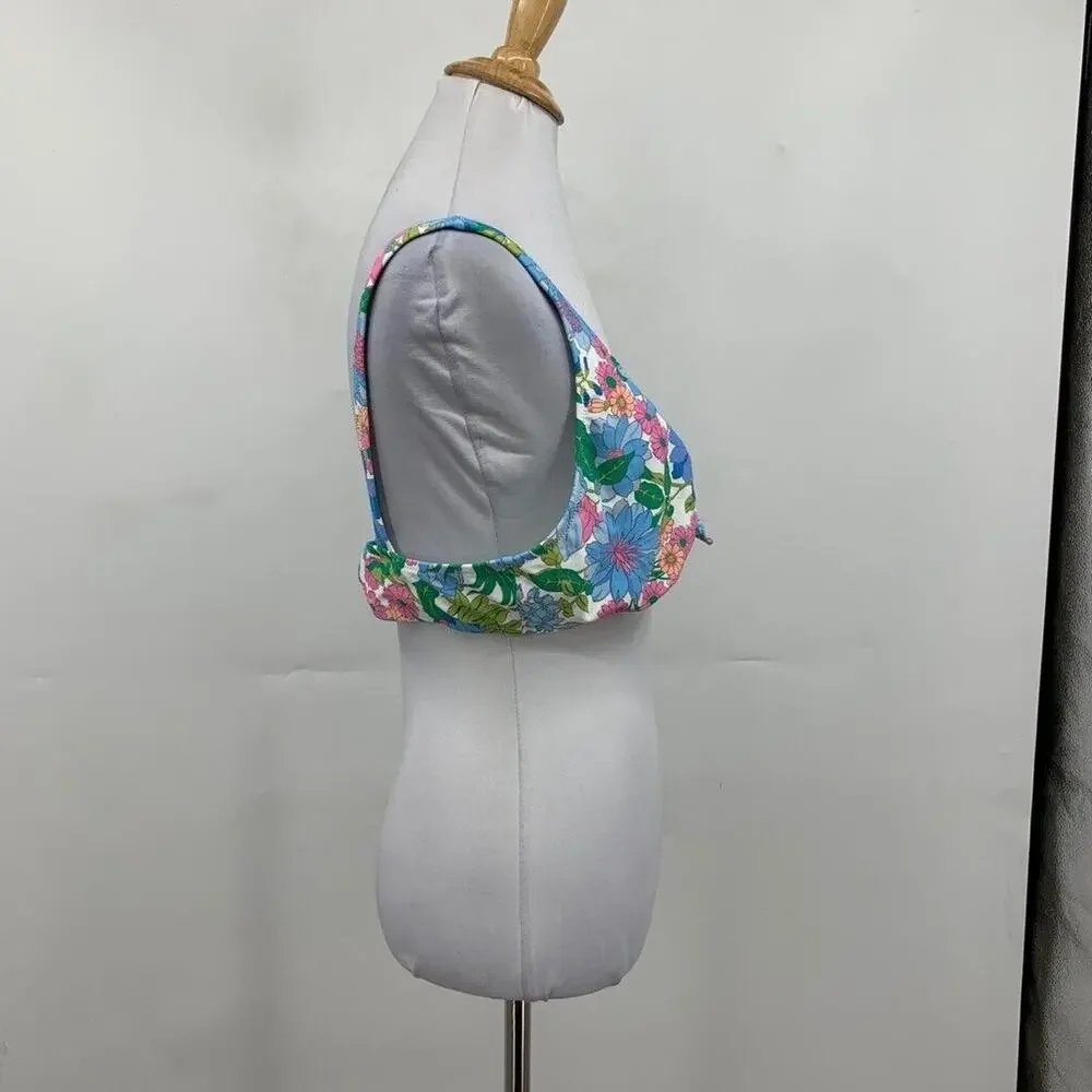 J Crew Bikini Top Womens L Large Multi Fairy Floral Print Eco Tie Front Swimwear